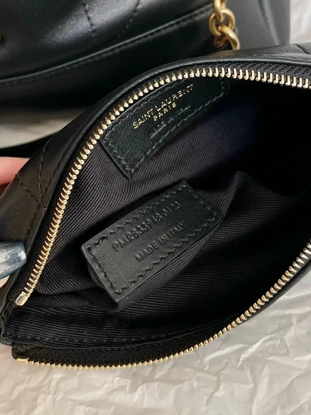 Saint Laurent Black Leather Shoulder Drawstring Bag with Gold Chain